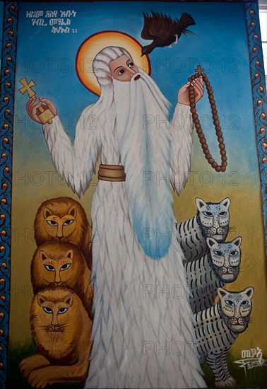 Painting depicting Abune Gebre Menfes Kidus, egyptian christian saint highly revered in Ethiopia and Eritrea, Orthodox church, Nairobi, Kenya, Africa