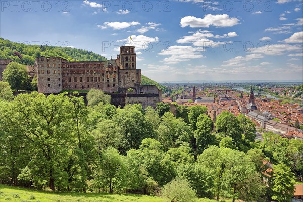 View of Heidelberg Castle and castle ruins and the city of Heidelberg from the Scheffelterrasse, Heidelberg, Baden-Wuerttemberg, Germany, Europe
