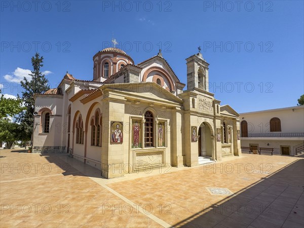 Exterior view of historic orthodox church monastery church Zoodochos Pege in Byzantine style from 14th century in today's nunnery monastery of Panagia Kalyviani Kaliviani, Faneromeni, Tymbaki, Crete, Greece, Europe