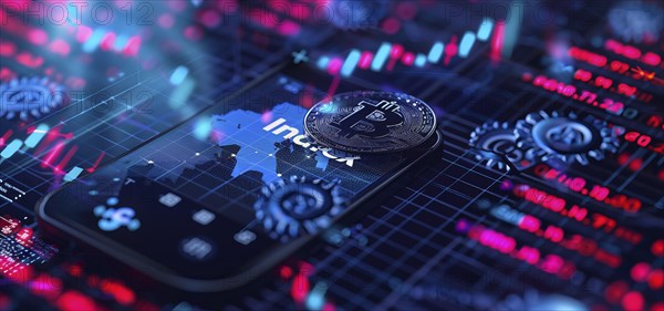 Bitcoin crypto farm online mining. Concept blockchain and cryptocurrency online trading, AI generated