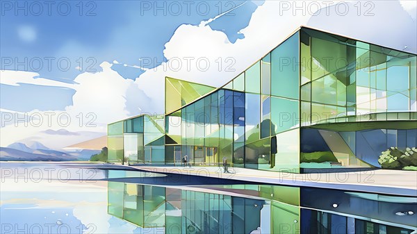 Abstract watercolor composition of futuristic architecture with minimalistic modern bio style, AI generated