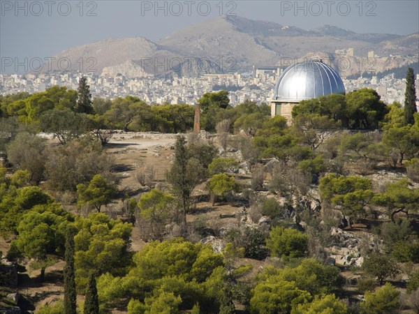Observatory with a dome surrounded by trees, with a city and mountains in the background, Ancient buildings with columns and trees on the Acropolis in Athens against a blue sky, athens, greece