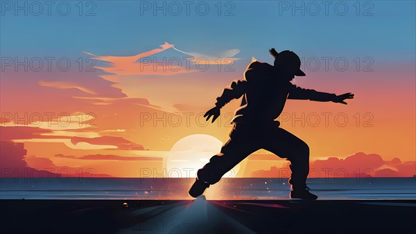 Illustration of a breakdancer silhouette in calm harmony bathed in the breathtaking palette of a sunset, AI generated