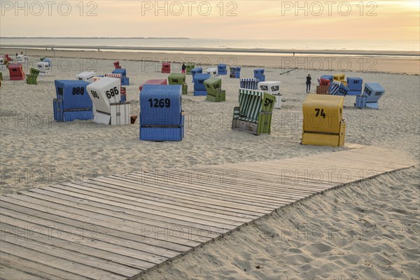 Colourful beach chairs on the sandy beach at sunset, a wooden path leads through the sand, summer evening on the beach with green dune grasses against a blue sky and colourful beach chairs, langeoog, germany