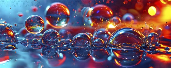 Iridescent bubbles and liquid droplets contained within glistening with an oil like sheen floating, AI generated