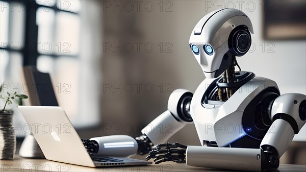 Android, robot writing on a laptop in the home office, symbolic image artificial intelligence replaces human labour, AI generated, AI generiert, AI generated