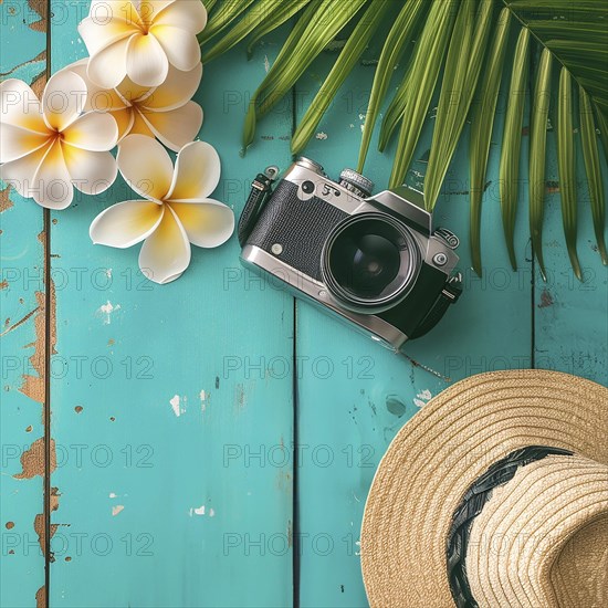 Flat lay style of beach accessories on seafoam blue rusty wooden background, AI generated