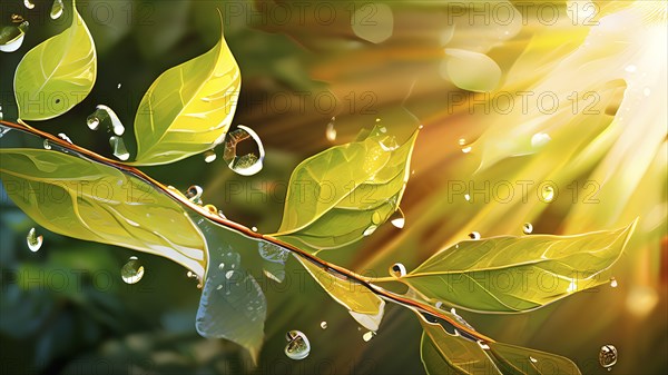 Abstract digital painting embodying sustainability with intertwining leaves glisten with water droplets, AI generated