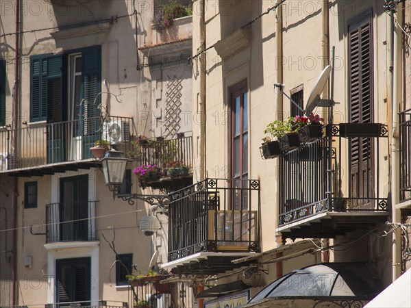 Historic buildings with balconies and shutters, decorated with flowers, in a Mediterranean setting, palermo in sicily with an impressive cathedral, monuments and old houses with balconies, palm trees and flowers in italy, palermo, sicily