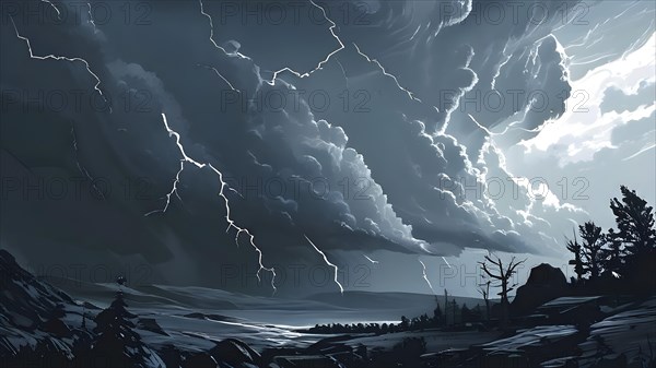 Illustration of a apocalyptic thunderstorm with end of the world scenario featuring lightning tearing through dark thunderclouds, AI generated