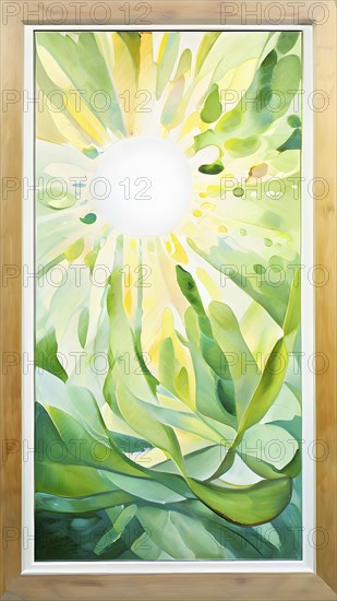 Abstract digital painting embodying sustainability with intertwining leaves glisten with water droplets, AI generated