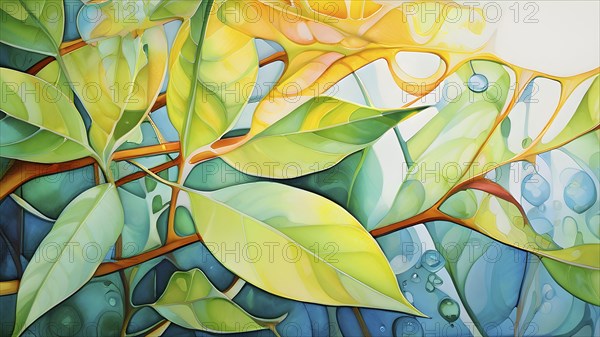 Abstract digital painting embodying sustainability with intertwining leaves glisten with water droplets, AI generated