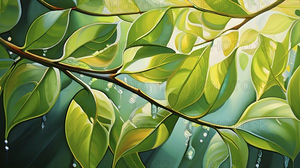 Abstract digital painting embodying sustainability with intertwining leaves glisten with water droplets, AI generated