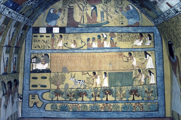 Deir el-Medina, wall painting in the tomb of Sennodjem, depiction of Sennodjem and his woman working in the fields of the Elysium, Thebes West, Luxor, Egypt, Africa