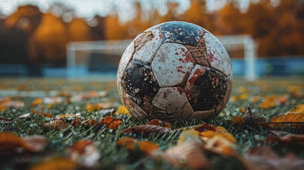 A soccer ball rests on wet grass surrounded by autumn leaves near a goal post, AI Generated, AI generated