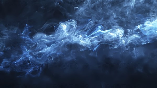Blue smoke against a dark background, creating an ethereal and abstract atmosphere with swirling patterns, AI generated