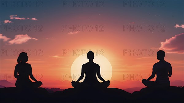Illustration of a yoga pose silhouette in calm harmony bathed in the breathtaking palette of a sunset, AI generated