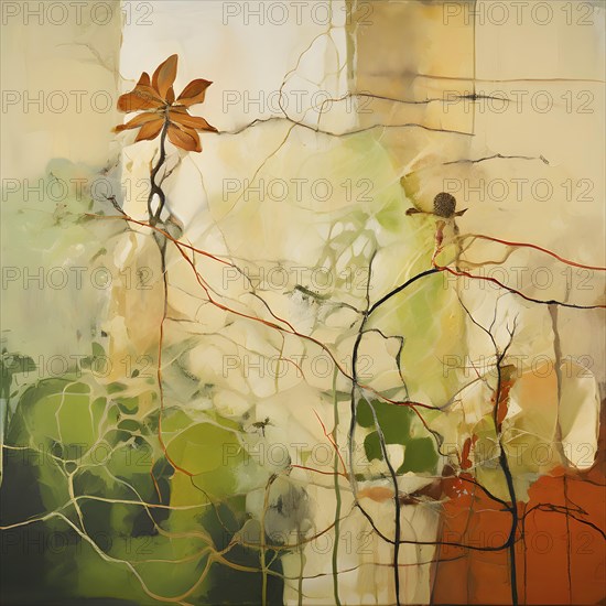 Abstract painting symbolizing environmental protection with organic shapes in earthy color tones, AI generated