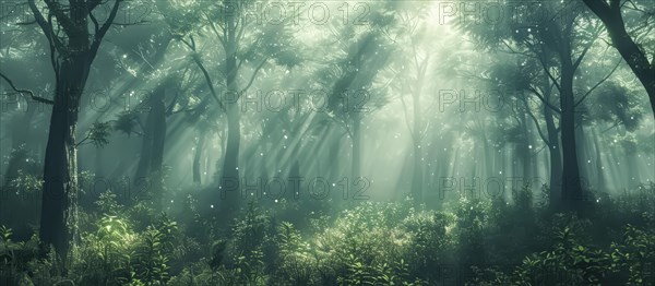 A mystical forest scene bathed in ethereal sunlight that filters through dense trees casting serene shadows, AI generated