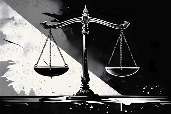 Abstract minimalistic illustration of balanced scales representing justice and law, AI generated