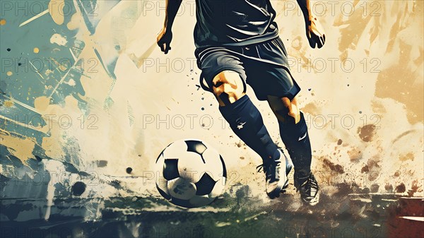 Abstract vintage grungy poster of a soccer player, AI generated