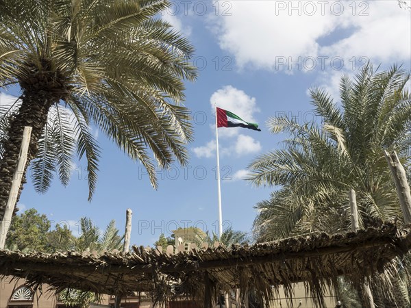 Flag of the United Arab Emirates waving in the wind, surrounded by palm trees and a thatched roof, fortress tower with flag in front of a palm tree, Abu dhabi, Arab Emirates
