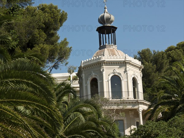 An elegant villa tower rises into the sky between the densely overgrown palm trees, la seyne sur mer, france