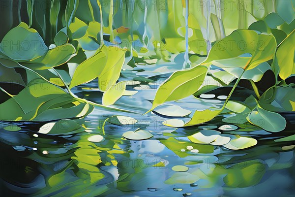 Abstract digital painting embodying sustainability with intertwining leaves glisten with water droplets, AI generated