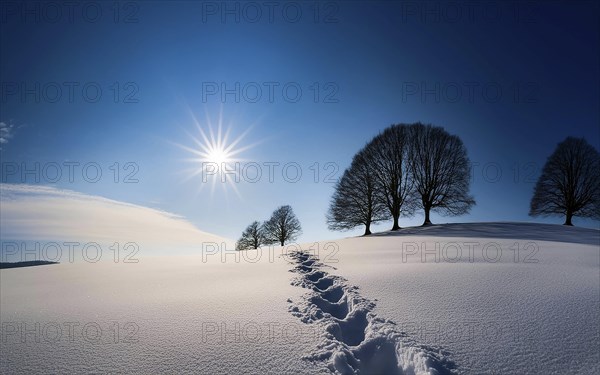 Footprints in fresh snow on a hill with a row of trees in winter, backlight, AI generated, AI generated
