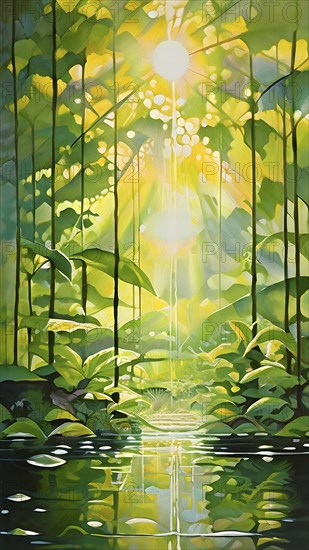 Abstract digital painting embodying sustainability with intertwining leaves glisten with water droplets, AI generated