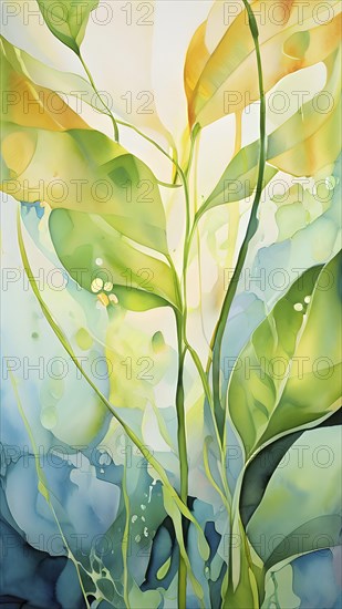 Abstract digital painting embodying sustainability with intertwining leaves glisten with water droplets, AI generated