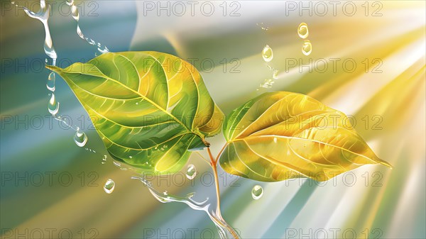 Abstract digital painting embodying sustainability with intertwining leaves glisten with water droplets, AI generated