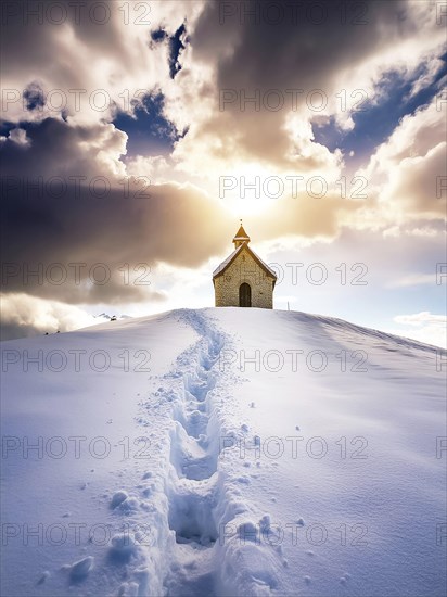 Footprints in fresh snow on a hill to a small chapel backlit in winter, AI generated, AI generated