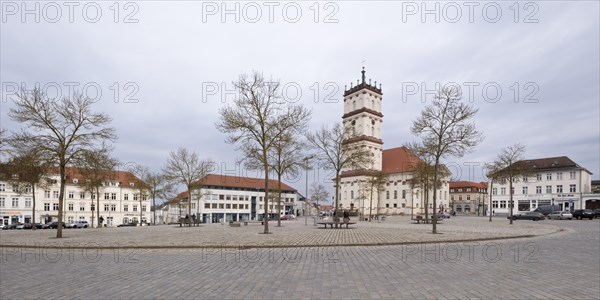 Panorama of the market square with town church, Neustrelitz, Mecklenburg-Vorpommern, Germany, Europe