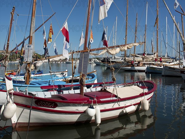 Close-up of sailing boats in the harbour against a blue sky, la seyne sur mer on the mediterranean sea with boats in the harbour, trees and houses on the coast, la seyne sur mer, france