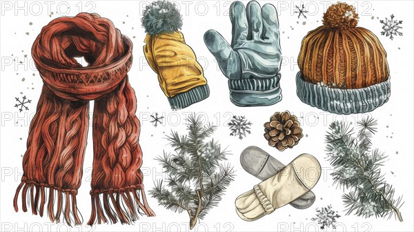 Winter accessories including scarves, gloves, beanies, with pine branches and pinecones, creating a cozy atmosphere, AI generated