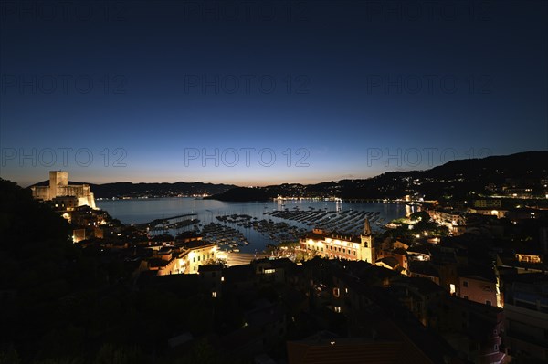 Panorama of evening Lerici after sunset, Ligurian sea, Liguria, Italy, Europe