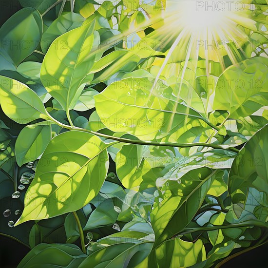 Abstract digital painting embodying sustainability with intertwining leaves glisten with water droplets, AI generated