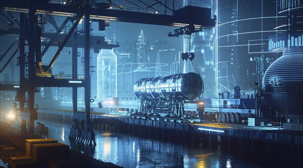 Concept of smart technology used in modern industrial port for warehouses and cargo ships, AI generated