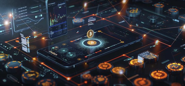 Bitcoin crypto farm online mining. Concept blockchain and cryptocurrency online trading, AI generated