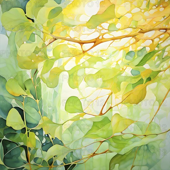 Abstract digital painting embodying sustainability with intertwining leaves glisten with water droplets, AI generated