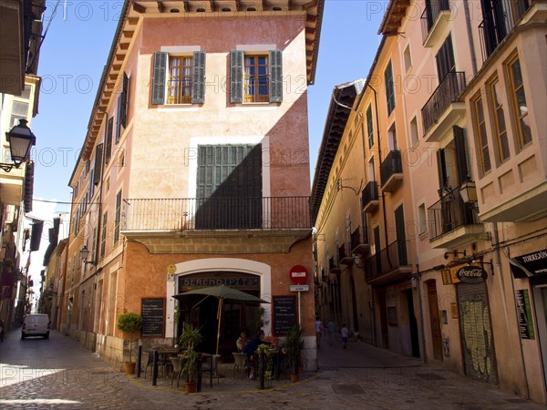 A lively summer alley with historic houses and a cosy cafe is located in the centre of the city, palma de Majorca with its historic houses, the great cathedral and flowers, palma, spain