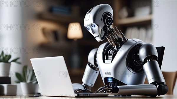 Android, robot writing on a laptop in the home office, symbolic image artificial intelligence replaces human labour, AI generated, AI generiert, AI generated