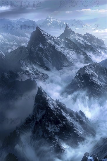 Snow-dusted mountains with jagged peaks climbing through mist and clouds, conveying a cold, dramatic scene, AI generated