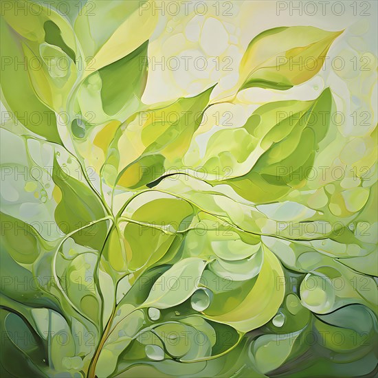 Abstract digital painting embodying sustainability with intertwining leaves glisten with water droplets, AI generated