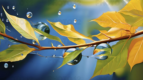 Abstract digital painting embodying sustainability with intertwining leaves glisten with water droplets, AI generated