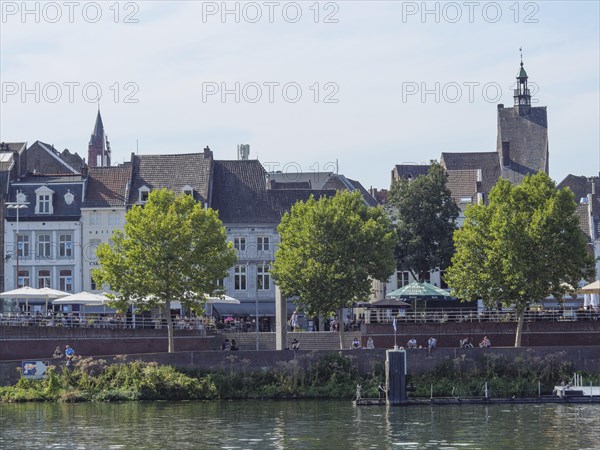 Streets and houses of a city with a church tower and trees on the riverbank under a clear sky, Maastricht, Netherlands