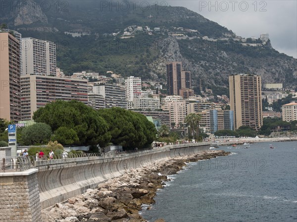 Coastline with promenade, skyscrapers and mountains behind, surrounded by sea and cloudy sky, monaco on the French Mediterranean coast, harbour in front of imposing city backdrop and historic buildings, Monte Carlo, Monaco, Europe