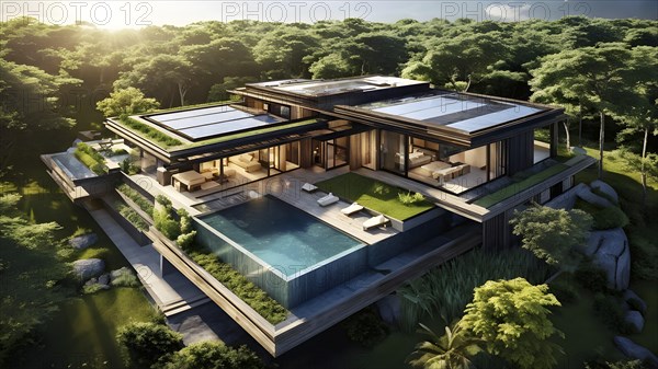 Luxurious wooden house with swimming pool reflecting the opulence of billionaires nestled in sumptuous surrounding, AI generated