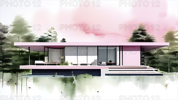 Abstract watercolor composition of futuristic architecture with minimalistic modern bio style, AI generated